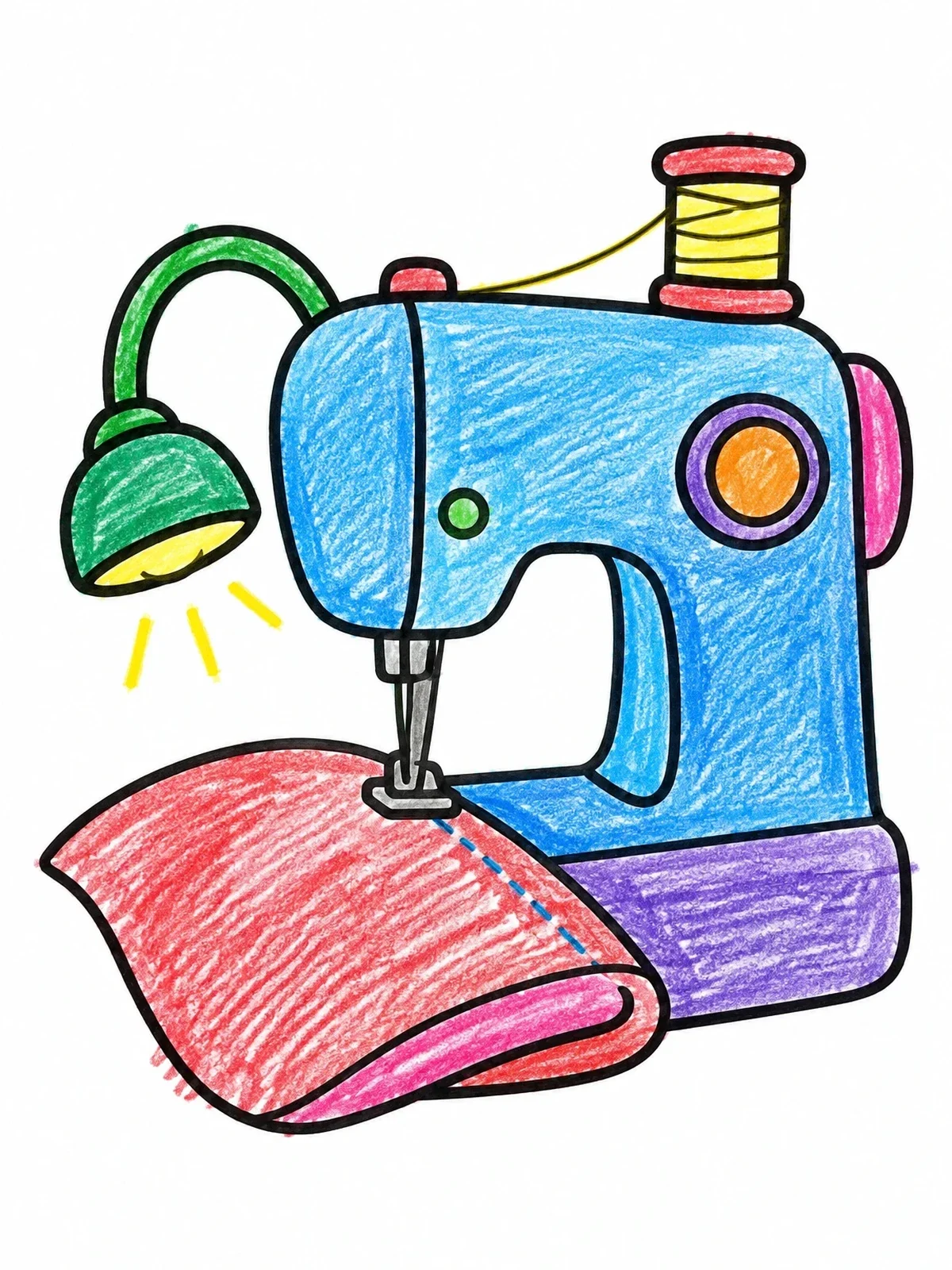 Colored example of the Sewing Machine Stitching Fabric coloring page