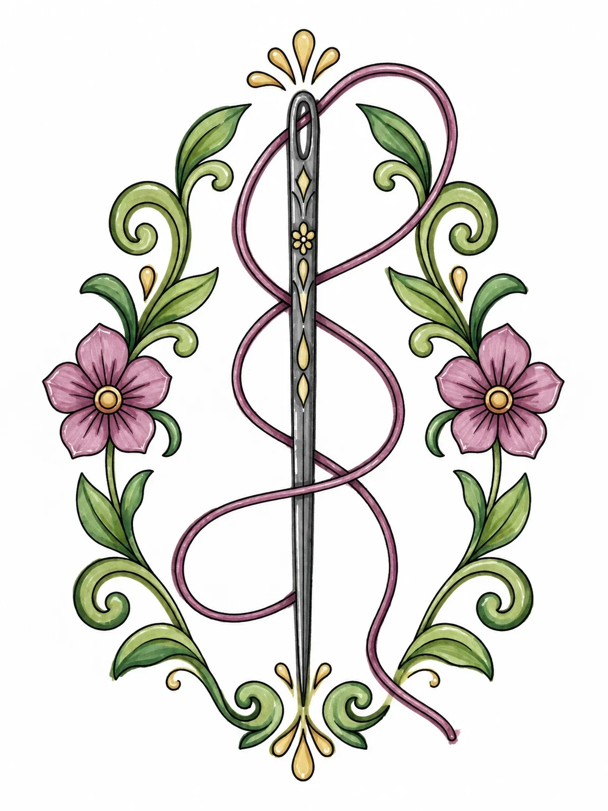 Colored example of the Sewing Needle With Floral Wreath coloring page