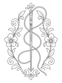 An ornate sewing needle framed by flowers in this sewing coloring page.