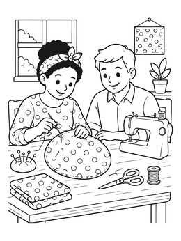 Free printable Sewing Polka Dot Fabric Together coloring page