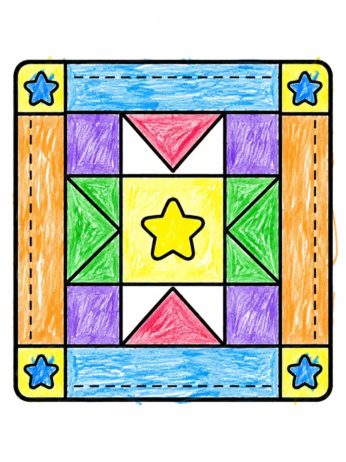 Colored example of the Cozy Star Patchwork Quilt Block coloring page