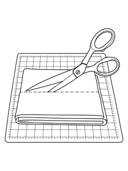 A sewing coloring page showing sharp scissors cutting folded fabric on a gridded mat.