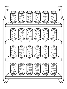 A neat sewing coloring page featuring a wooden wall rack full of thread spools.