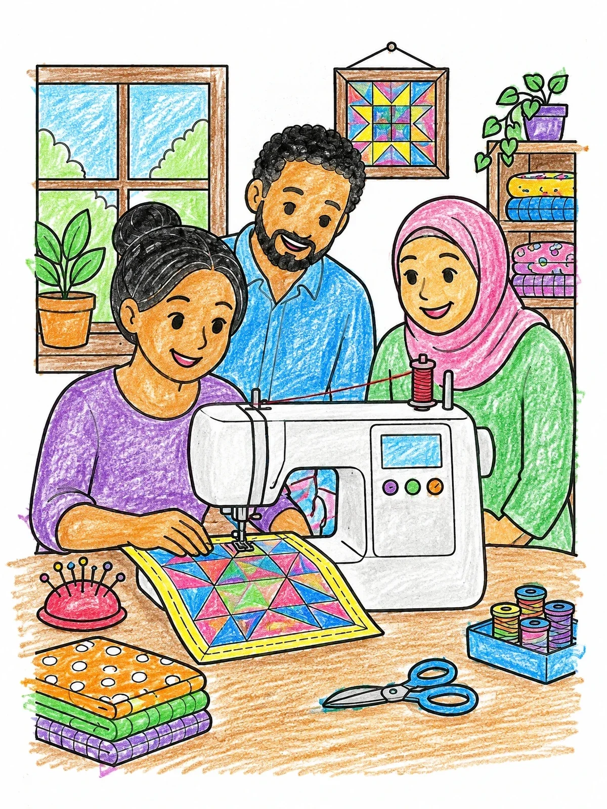 Colored example of the Sewing Together At The Machine coloring page