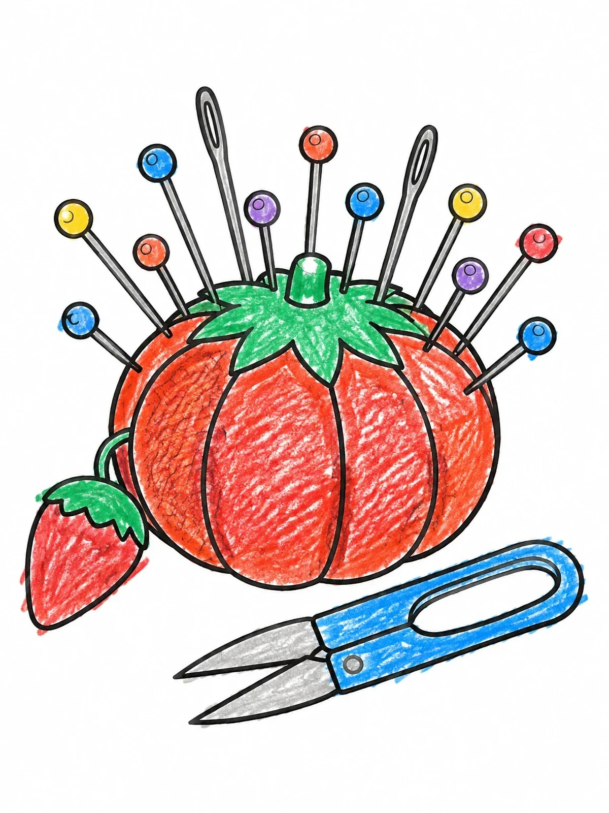 Colored example of the Tomato Pincushion With Thread Snips coloring page