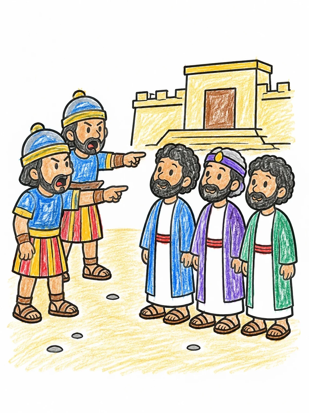 Colored example of the Babylonian Soldiers Accusing Three Faithful Friends coloring page
