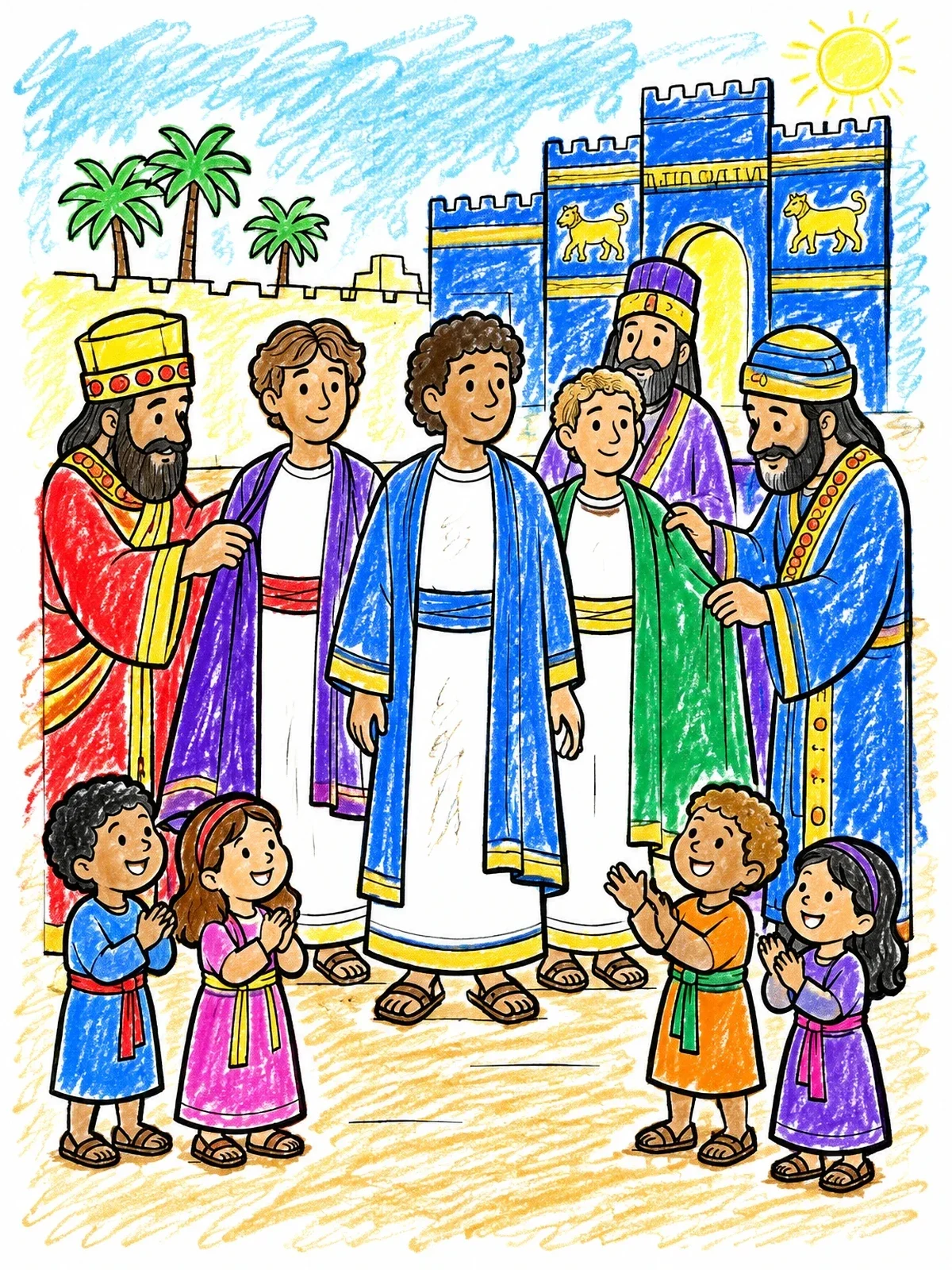 Colored example of the Three Men Safe In Babylon coloring page