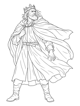 A shakespeare coloring page depicting King Lear standing resolute in his flowing royal cloak.