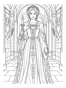 A medieval noblewoman holding a candle in this detailed shakespeare coloring page.