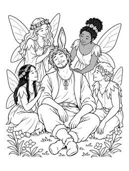 A serene shakespeare coloring page featuring Nick Bottom with donkey ears resting among gentle woodland fairies.