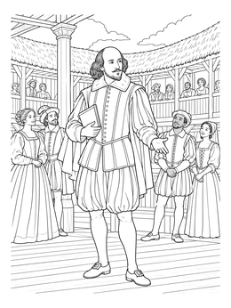 William Shakespeare on a wooden stage in this detailed shakespeare coloring page.