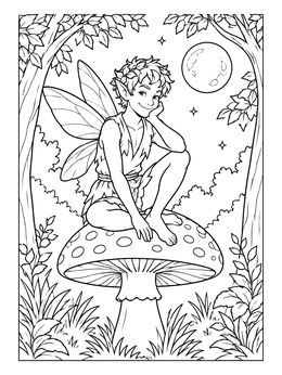 A magical puck and moonlit forest scene in this shakespeare coloring page.
