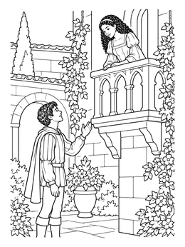 Romeo looks up at Juliet on her balcony in this shakespeare coloring page.