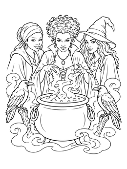 Three witches casting spells over a bubbling cauldron in this shakespeare coloring page.
