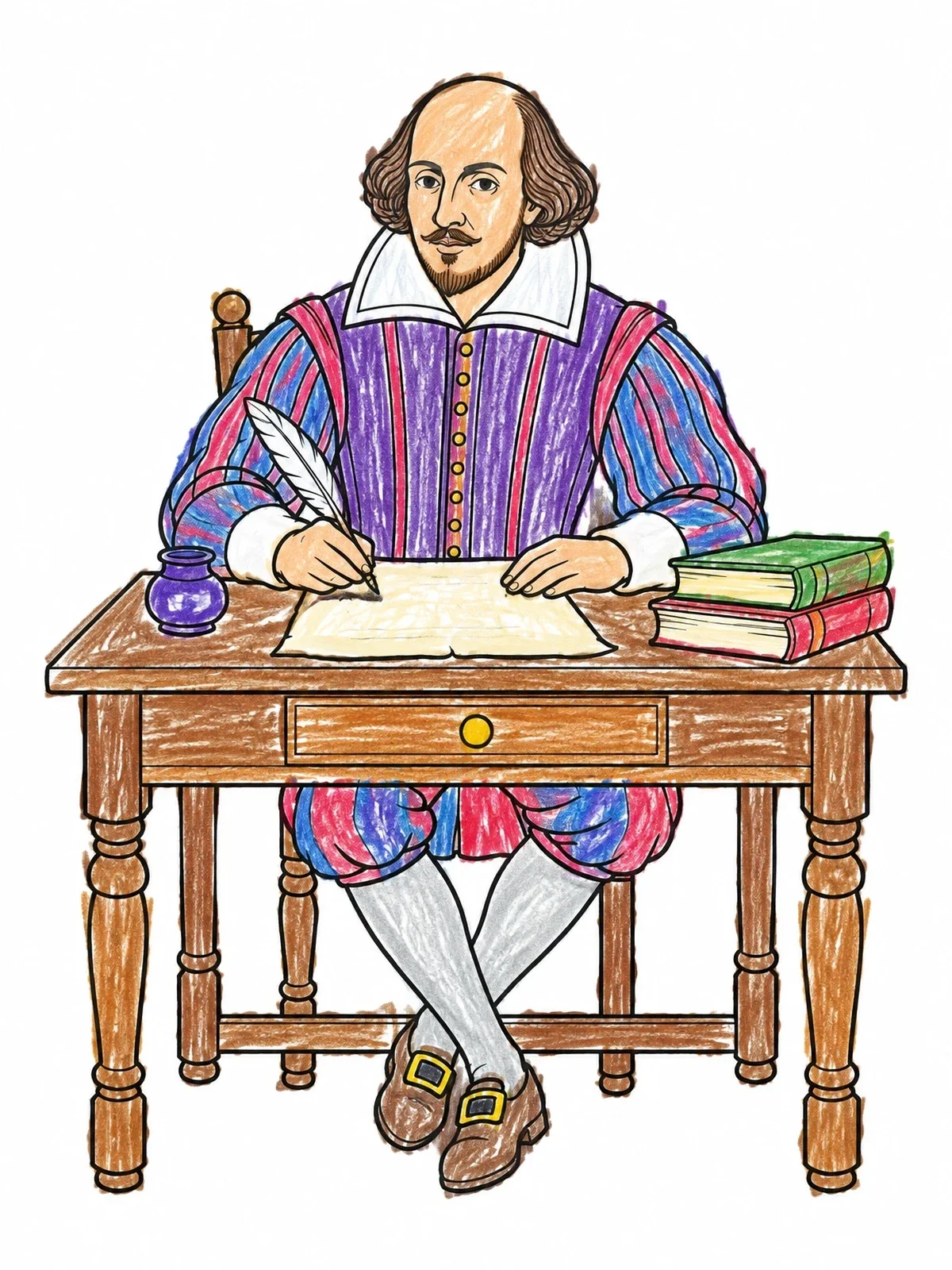 Colored example of the William Shakespeare Writing At Desk coloring page