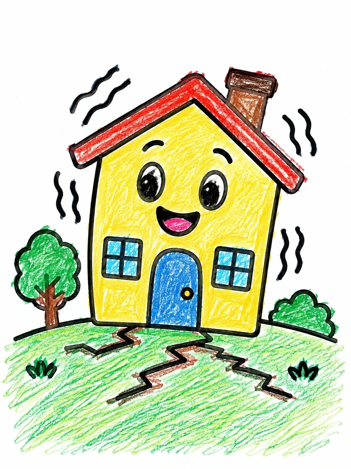 Colored example of the Shaking Cartoon House Earthquake coloring page