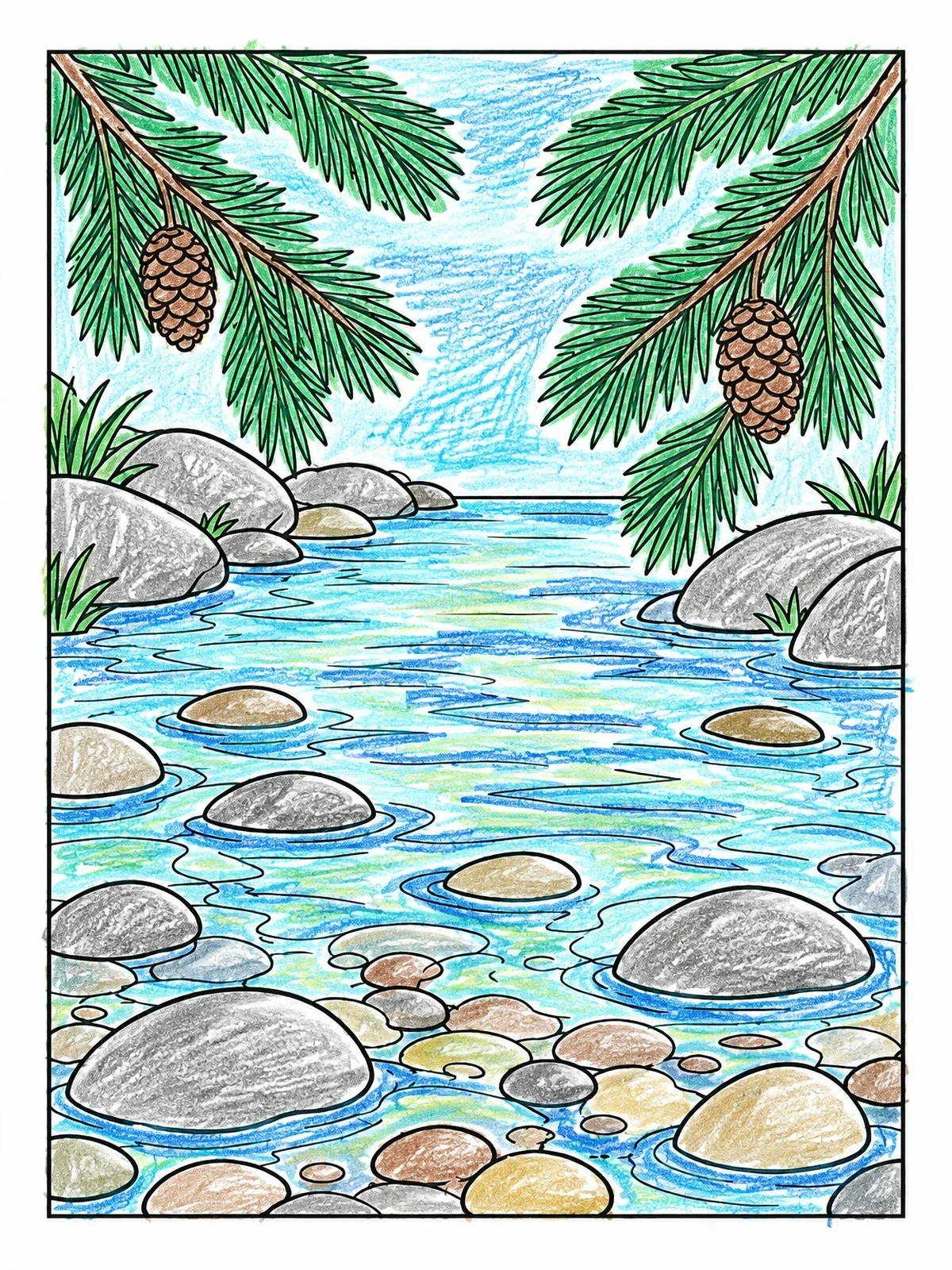 Colored example of the Shallow River With Pine Needles coloring page