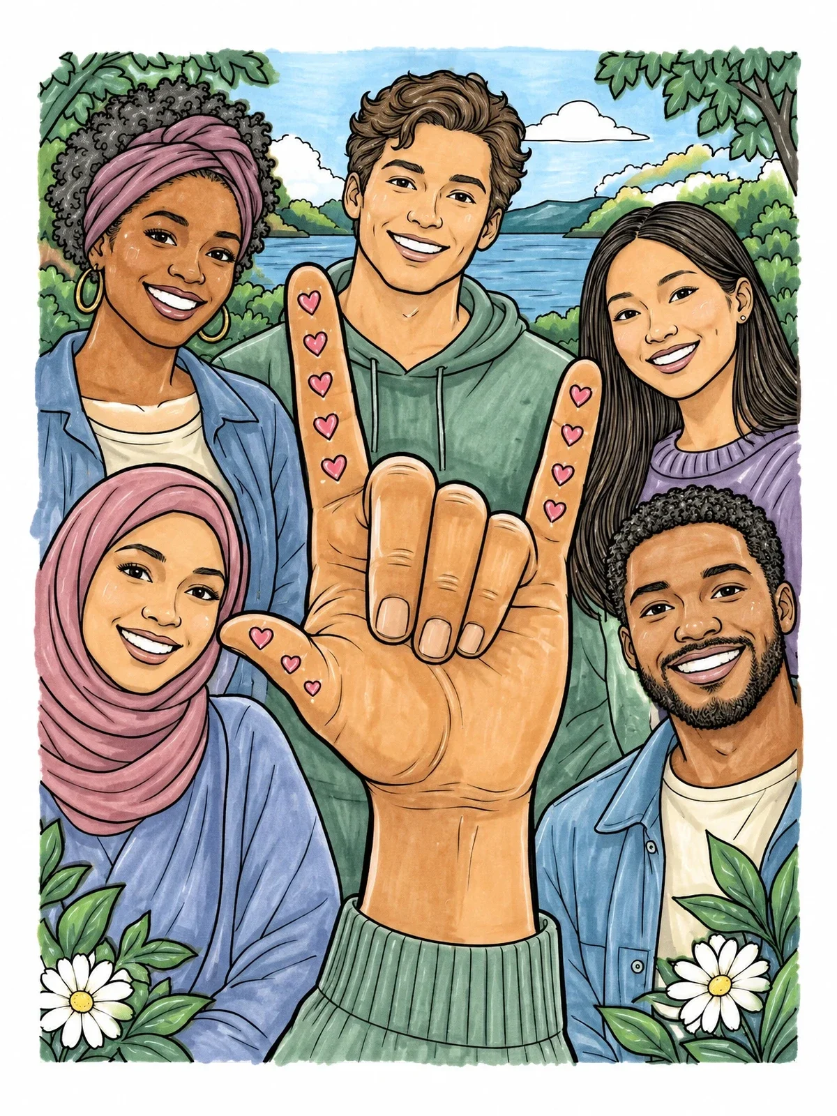 Colored example of the I Love You Sign With Diverse Friends coloring page