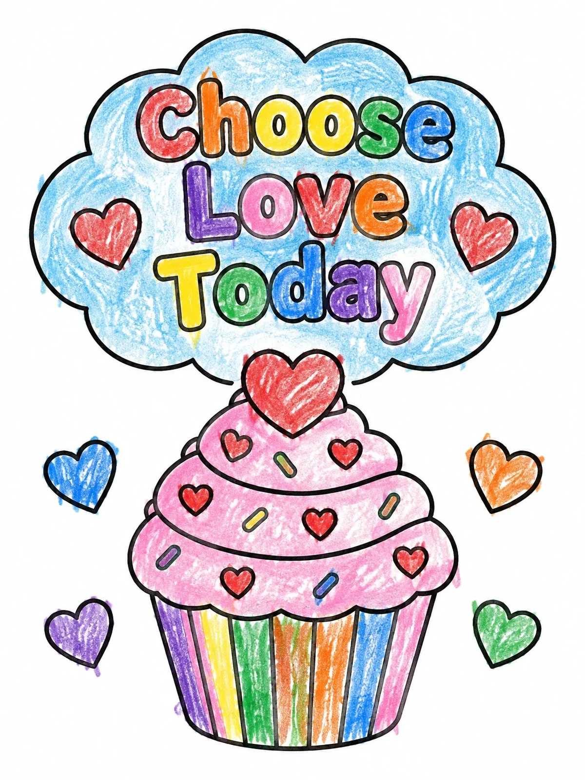 Colored example of the Choose Love Today Cupcake coloring page