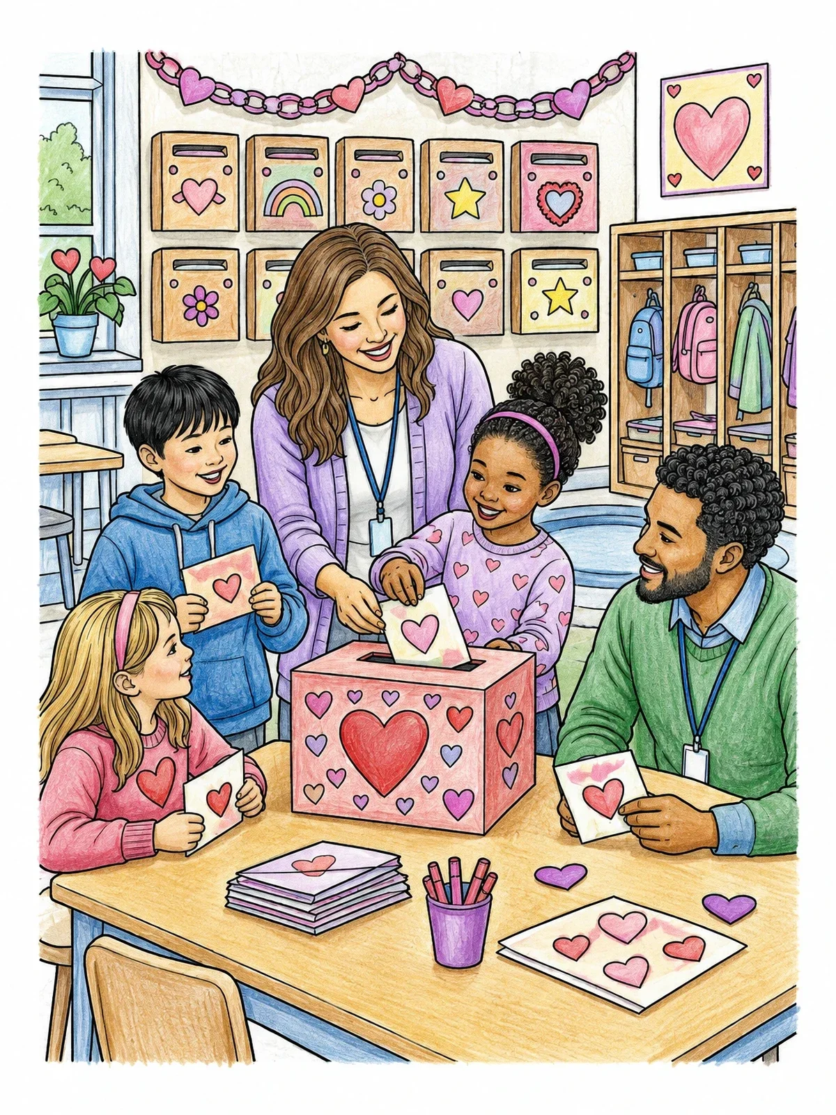 Colored example of the Classroom Valentine Card Exchange coloring page