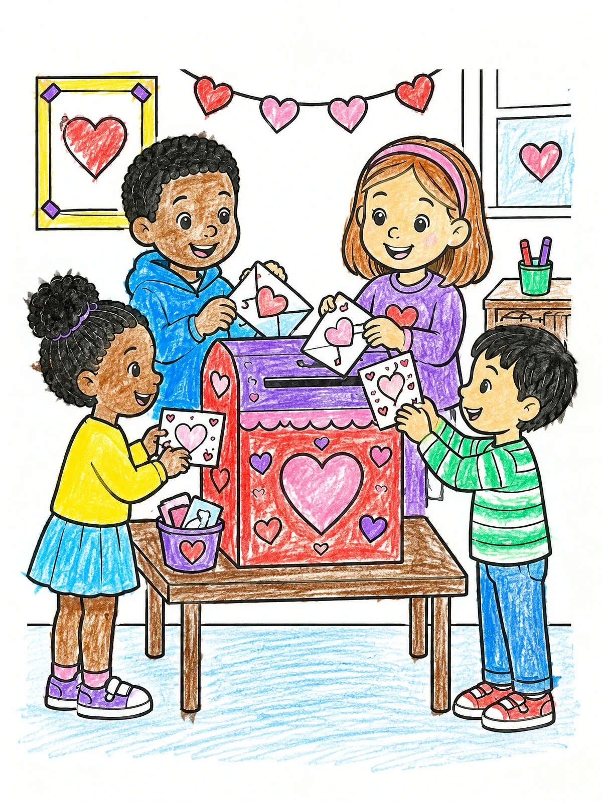 Colored example of the Classroom Valentine Mailbox Fun coloring page