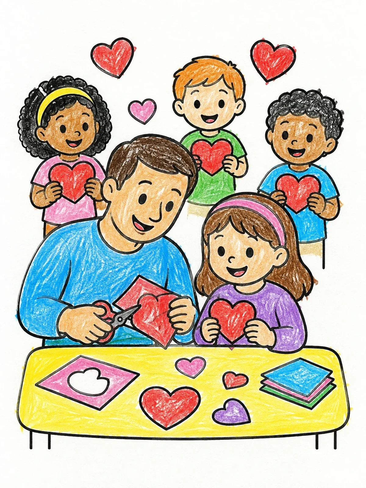 Colored example of the Family Crafting Paper Hearts Together coloring page