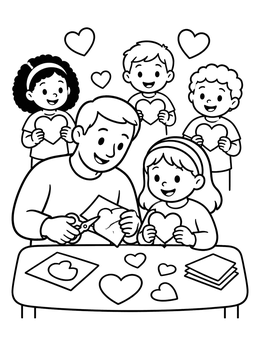 Free printable Family Crafting Paper Hearts Together coloring page