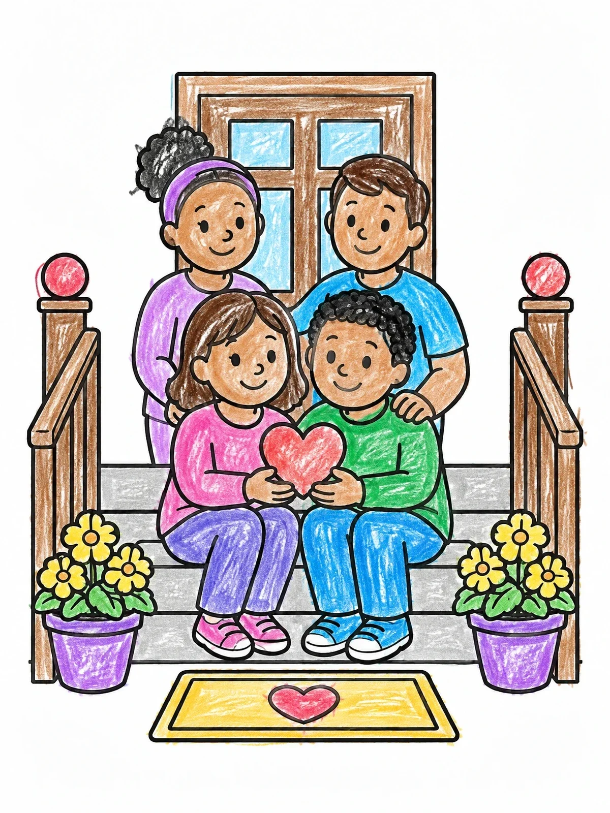 Colored example of the Family Sharing Love On The Porch coloring page