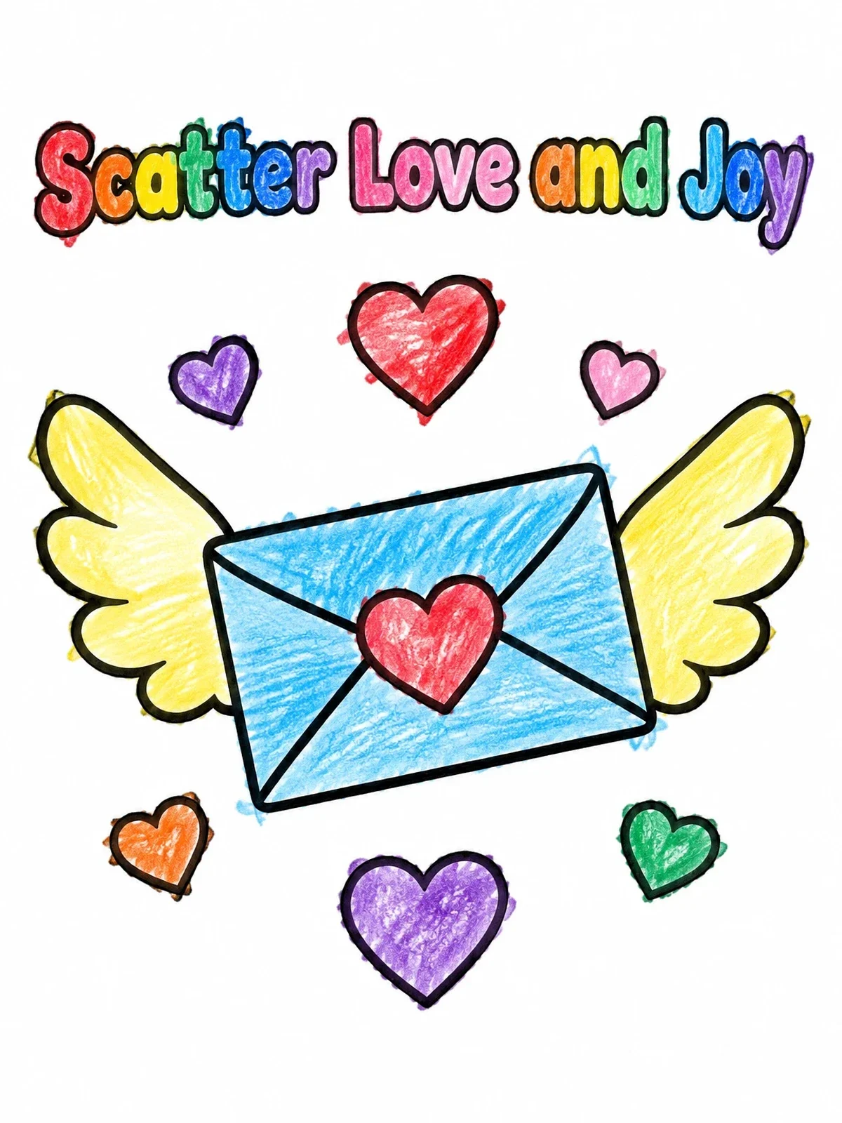 Colored example of the Flying Love Letter With Hearts coloring page