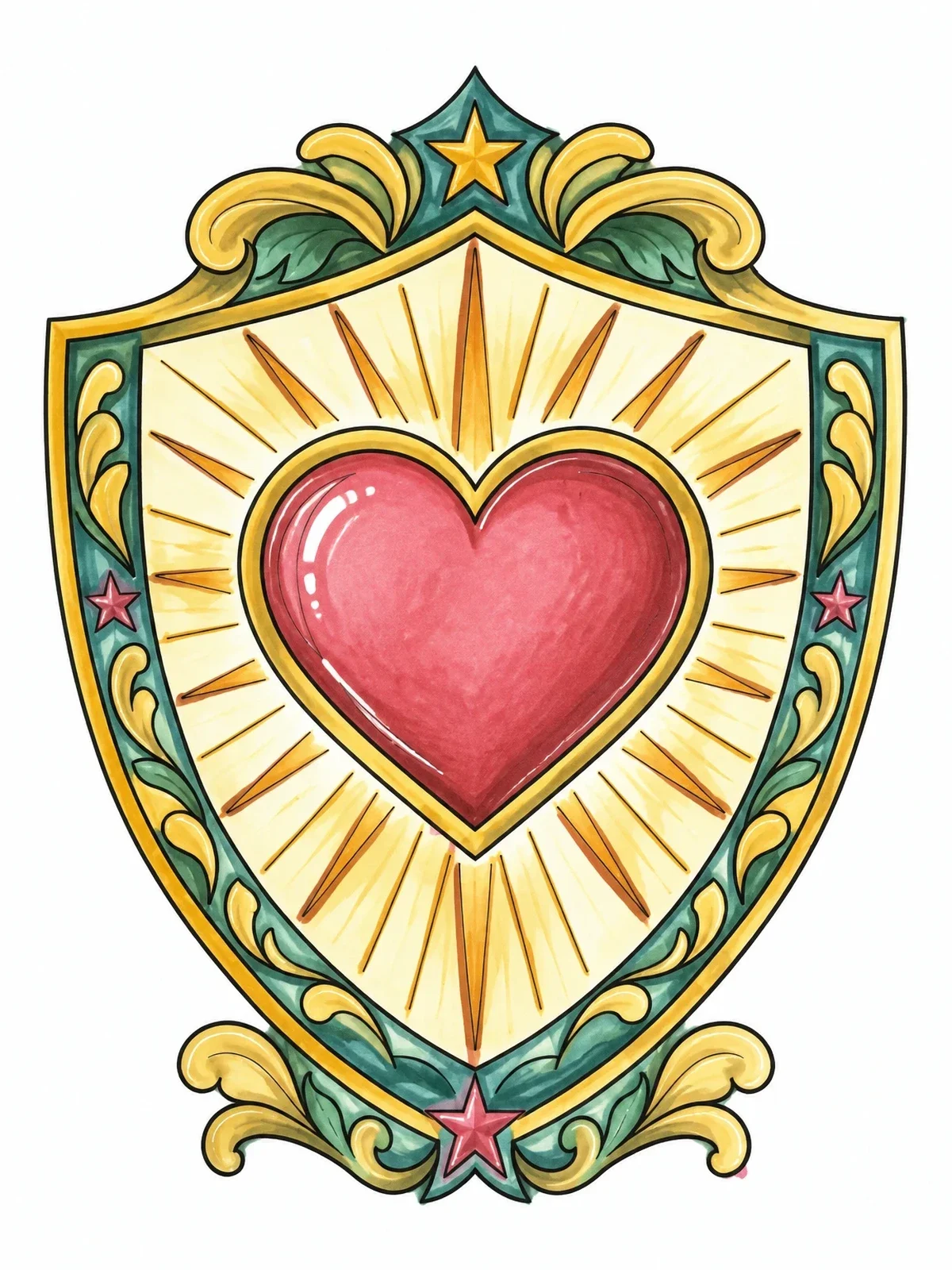 Colored example of the Ornate Heraldic Heart Shield coloring page