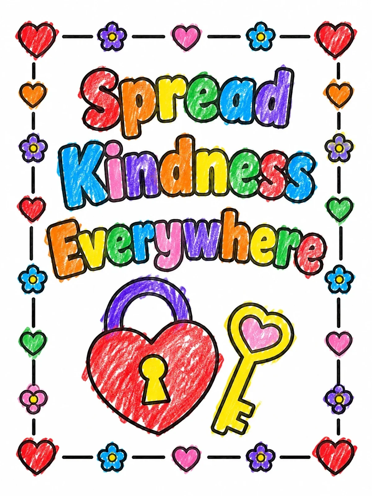 Colored example of the Spread Kindness Heart Lock And Key coloring page