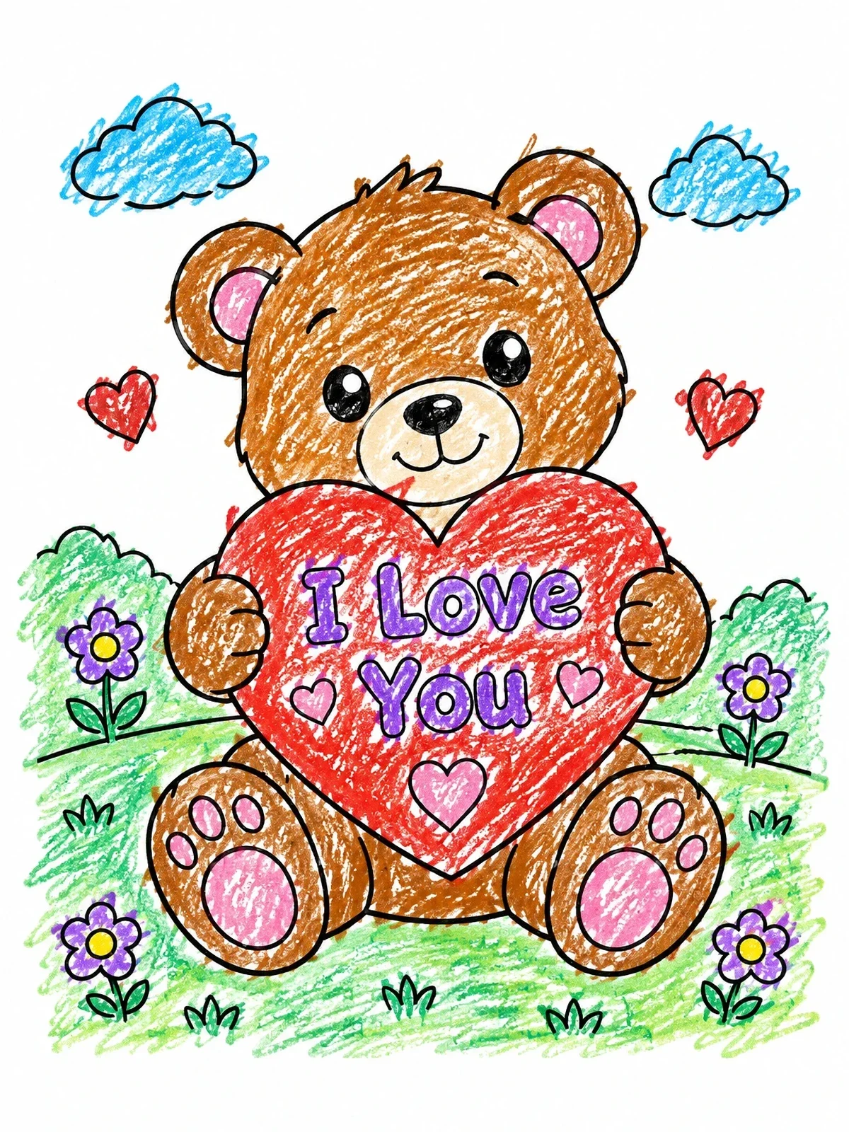 Colored example of the Teddy Bear Holding I Love You Heart coloring page