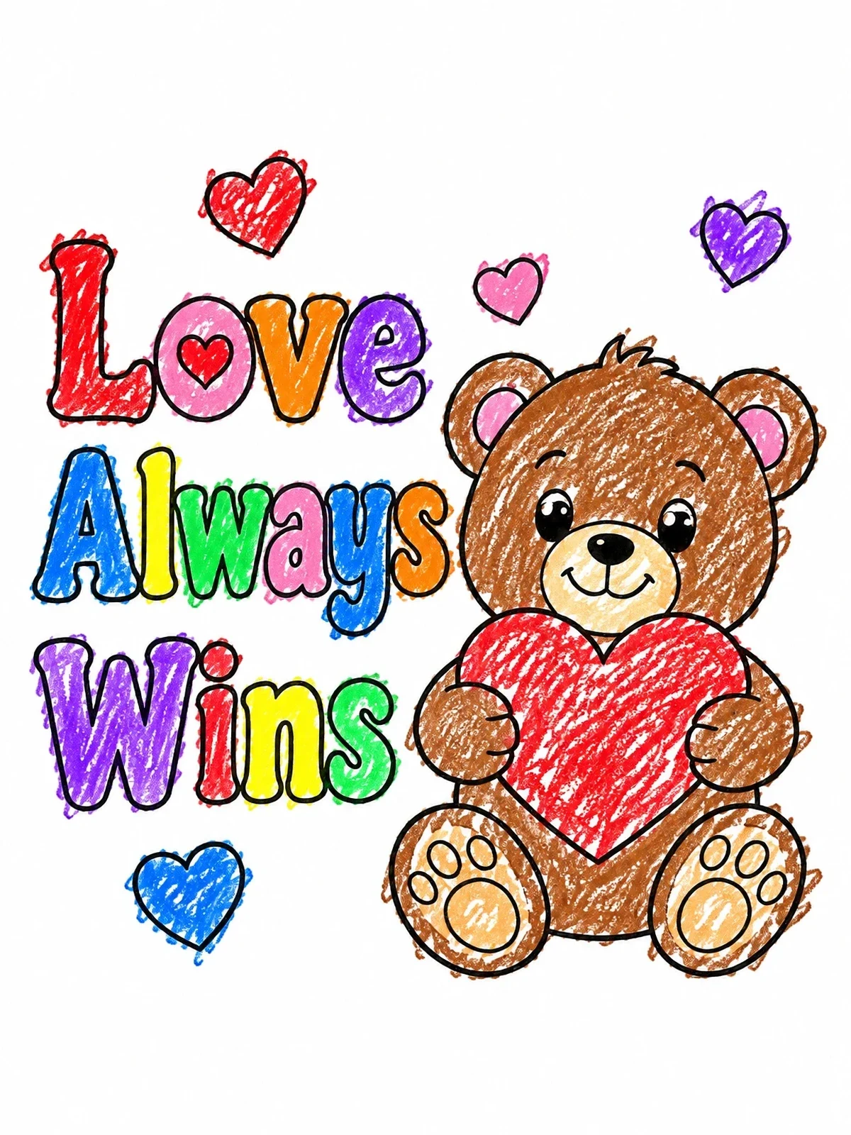 Colored example of the Teddy Bear With Love Always Wins coloring page