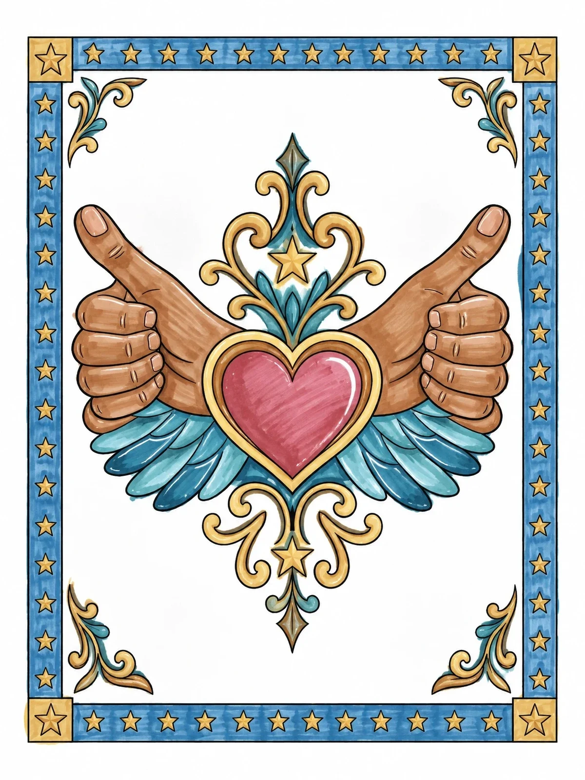 Colored example of the Thumbs Up Winged Heart Emblem coloring page