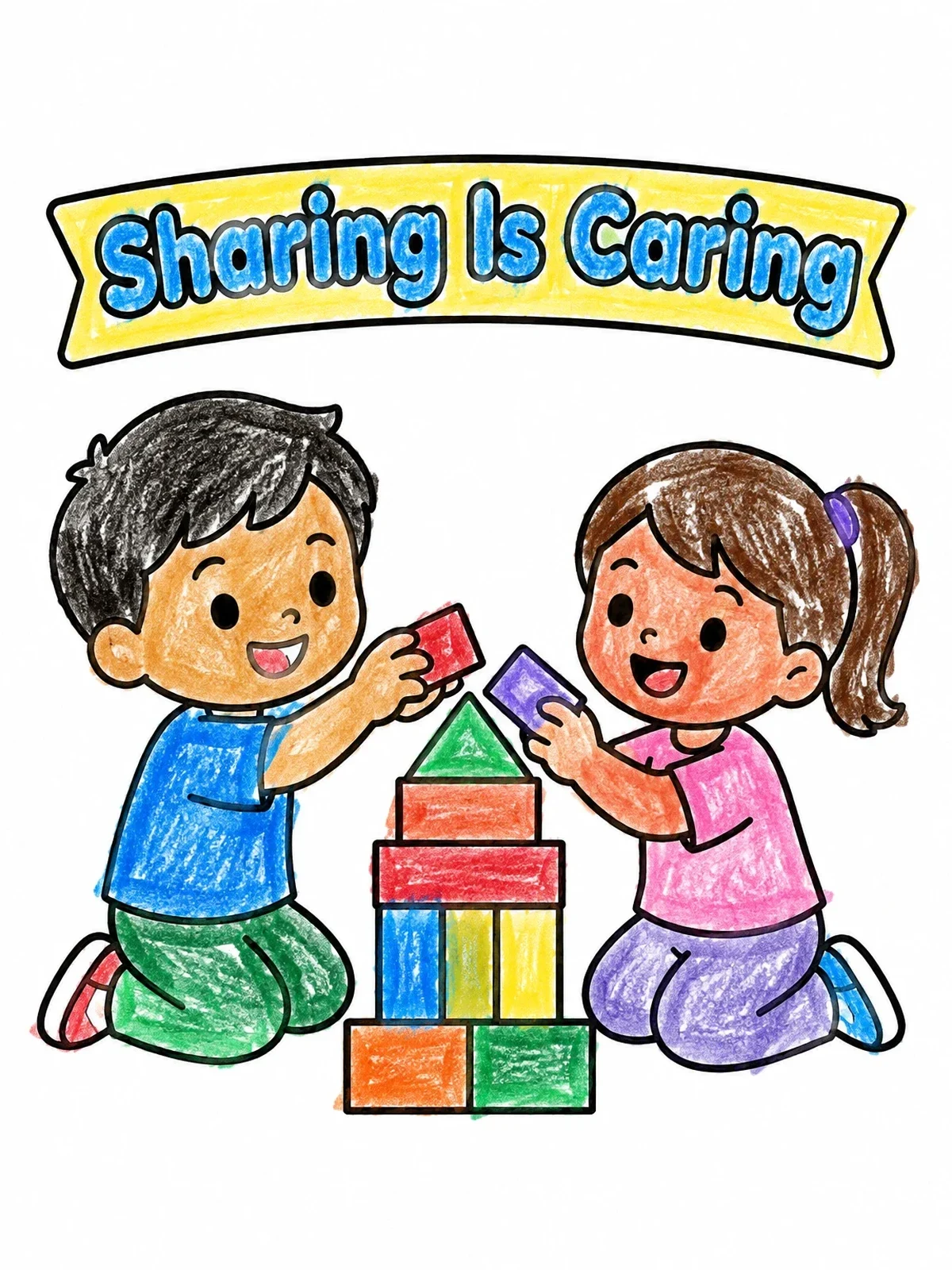 Colored example of the Children Building Block Tower Together coloring page