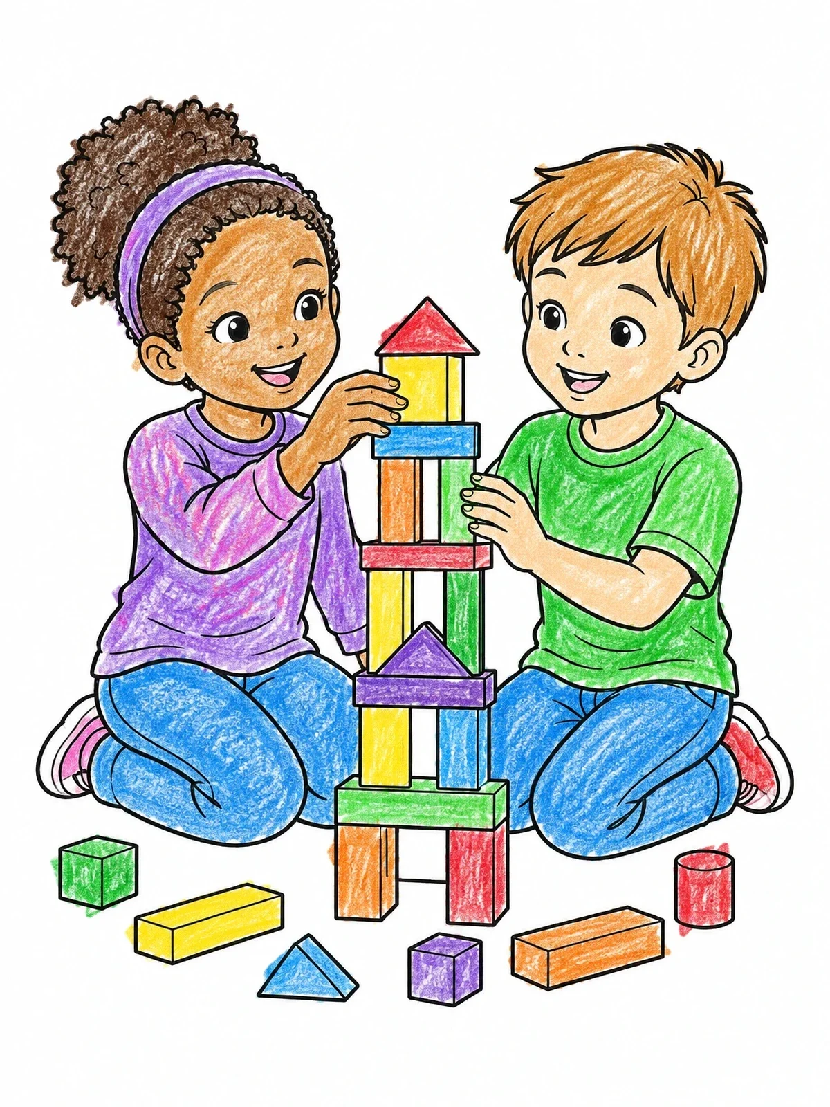 Colored example of the Children Building A Block Tower Together coloring page