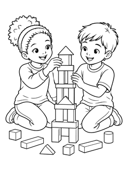 Two kids building a block tower together in a sharing coloring page.