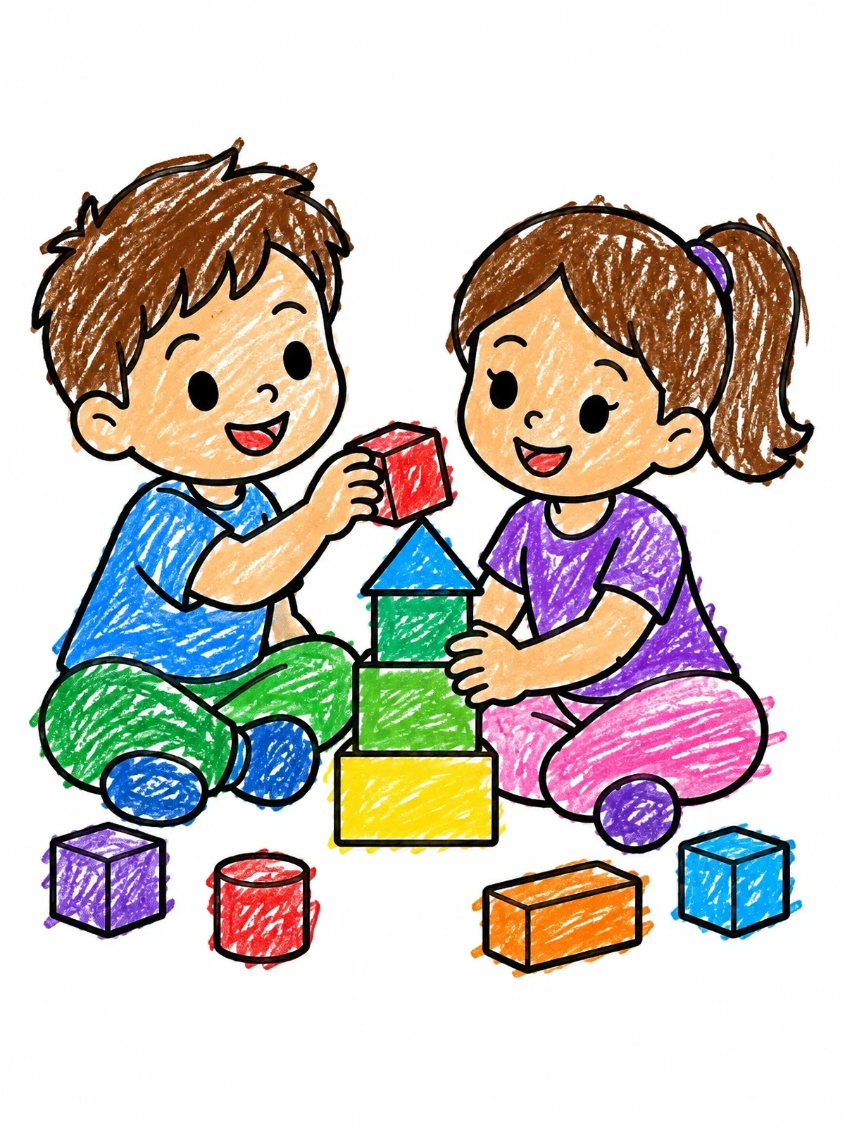 Colored example of the Children Building With Toy Blocks coloring page