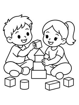 Free printable Children Building With Toy Blocks coloring page