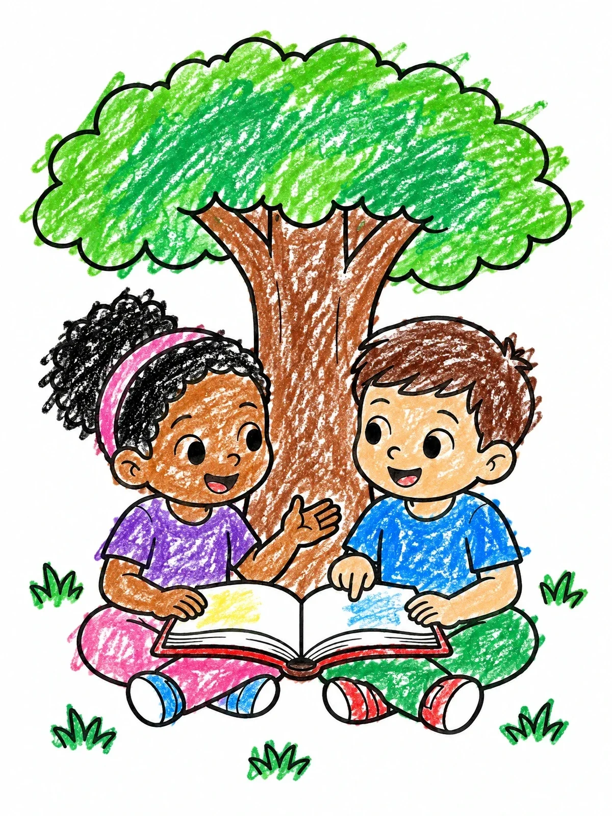 Colored example of the Children Reading Book Under Tree coloring page