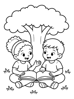 Free printable Children Reading Book Under Tree coloring page