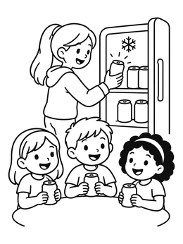 A girl grabs a chilled can from the fridge in this soda coloring page with friends sitting at a table.