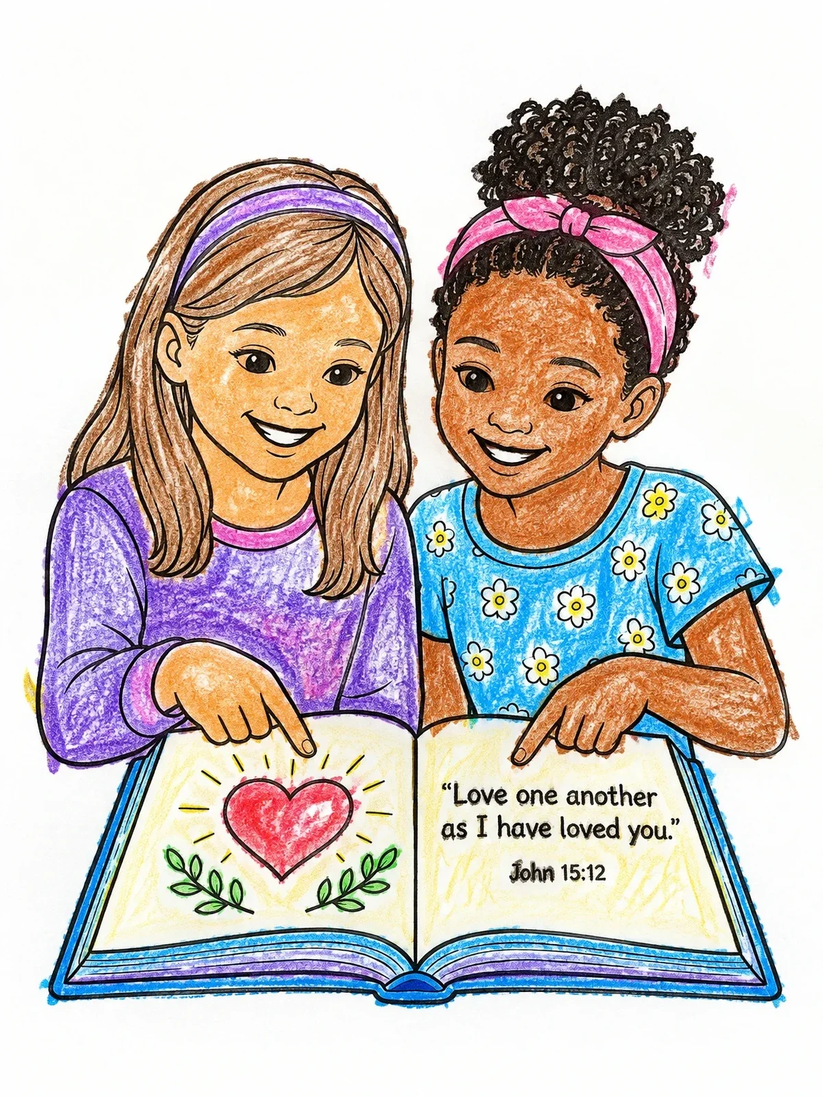 Colored example of the Friends Reading A Bible Verse Together coloring page