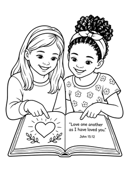 Two smiling girls read an open scripture in this inspiring sharing coloring page.