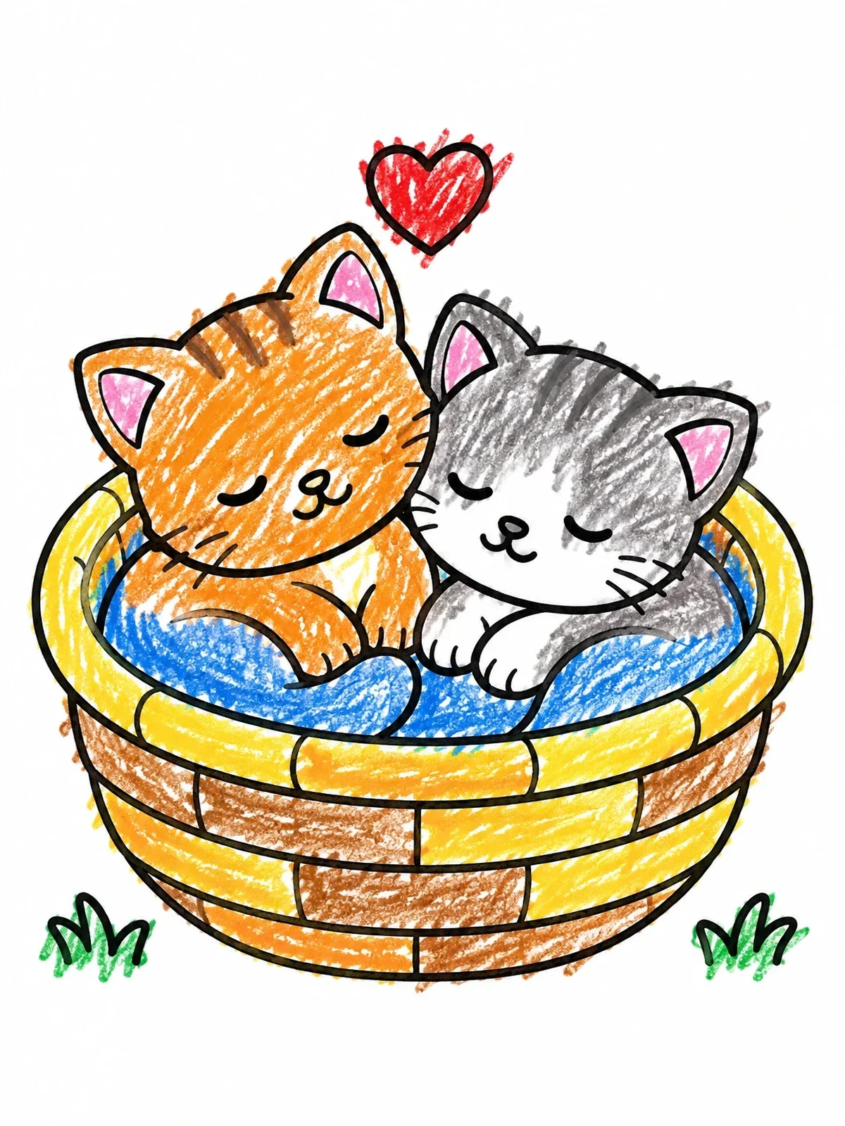 Colored example of the Kittens Cuddling In A Basket coloring page