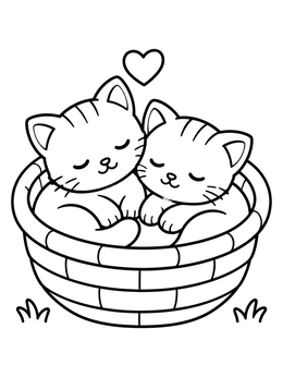 Two cute sleeping kittens inside a basket on this sharing coloring page.