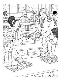 Students sit together politely in this cafeteria manners coloring page.