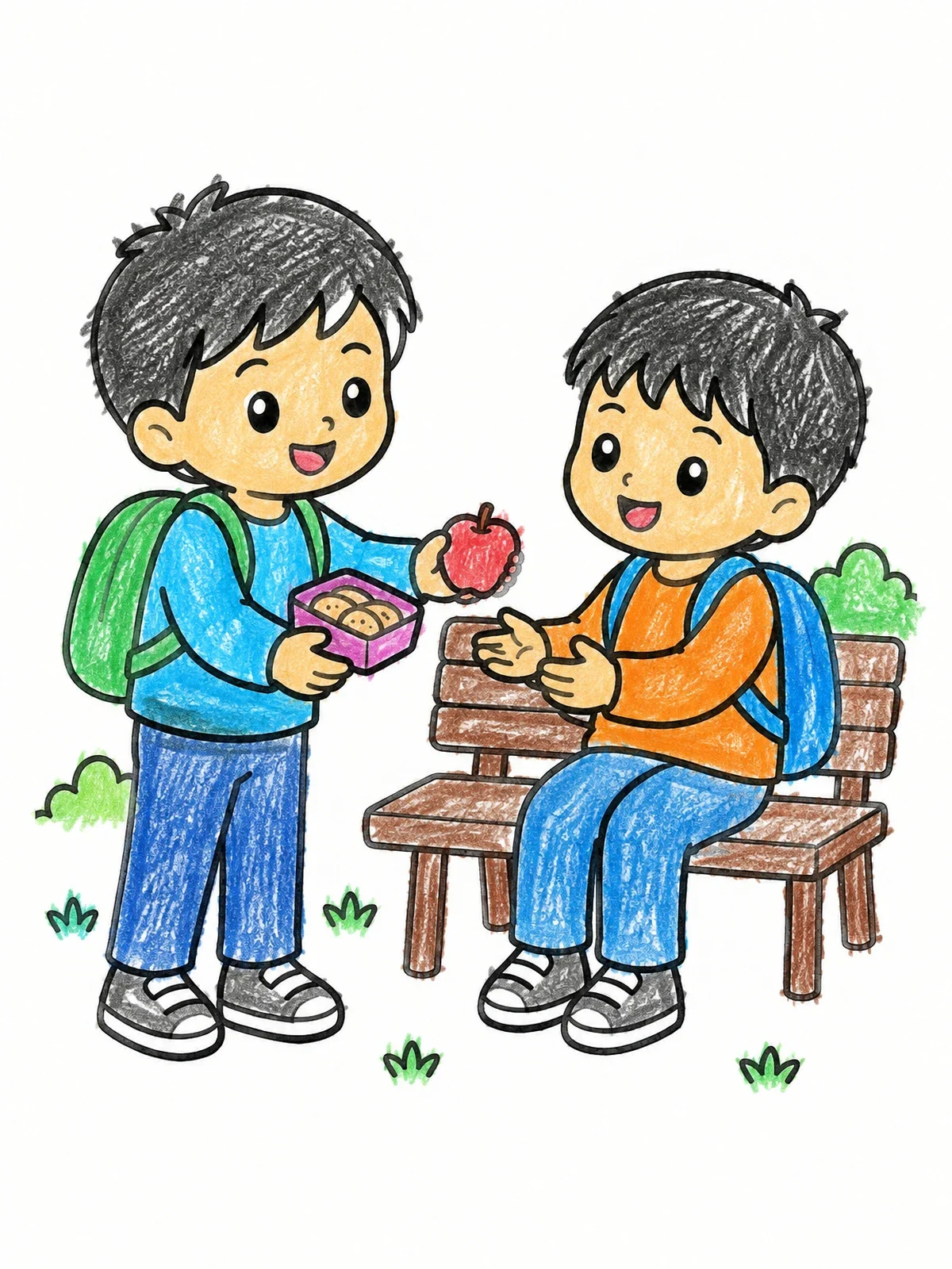 Colored example of the Sharing A Snack On The Bench coloring page