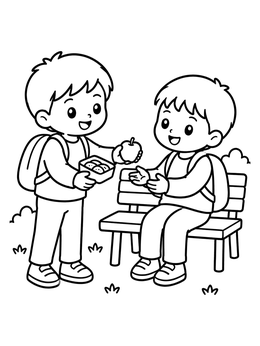 Free printable Sharing A Snack On The Bench coloring page