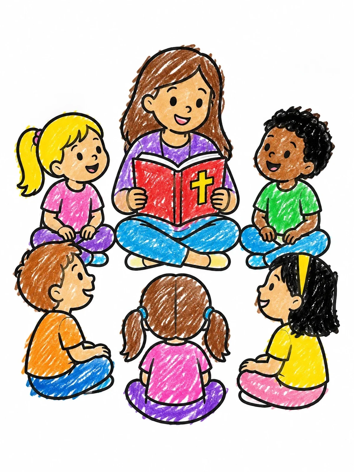 Colored example of the Sunday School Story Time Circle coloring page